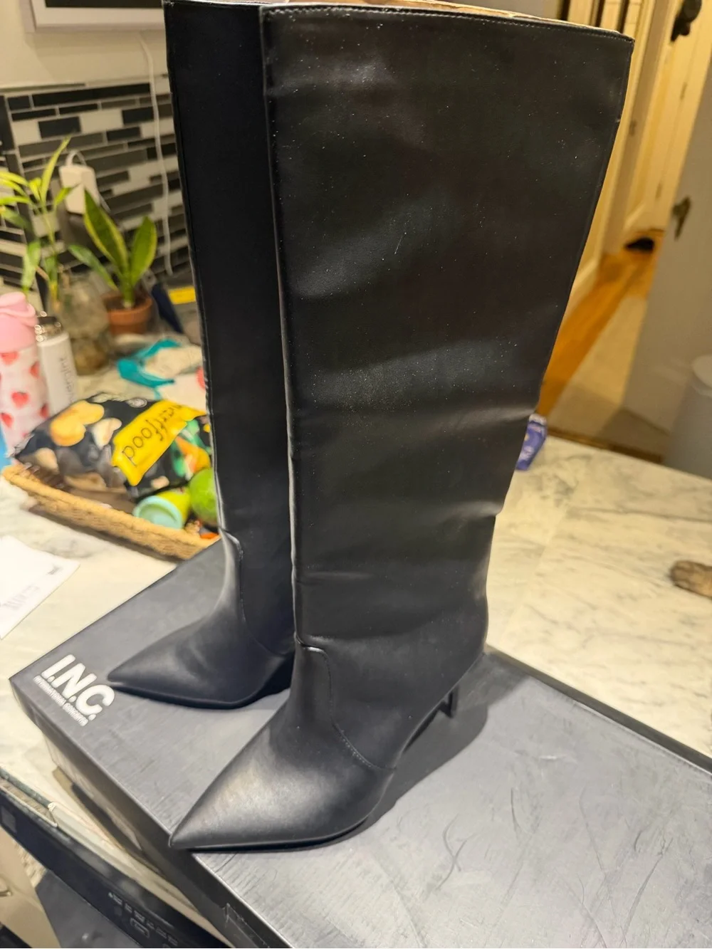 INC International Concepts Black Pointed-Toe Mid-Knee Heeled Boots